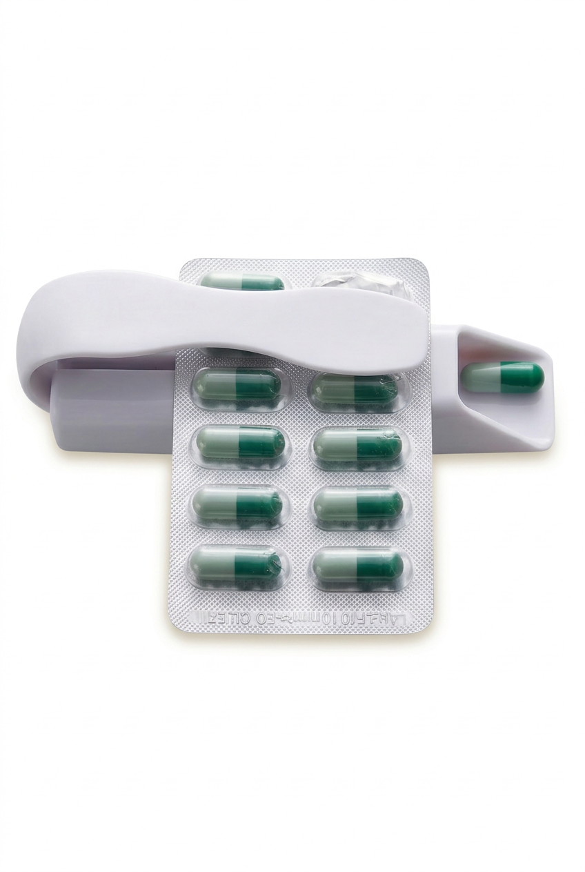 White pill popper with a green capsule blister pack and capsule in the collection tray on a white background