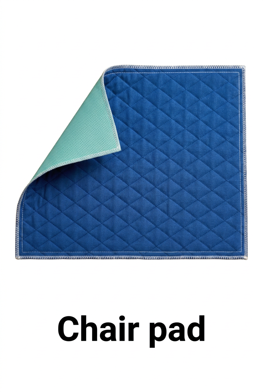 Chair pad on a white background with large clear label