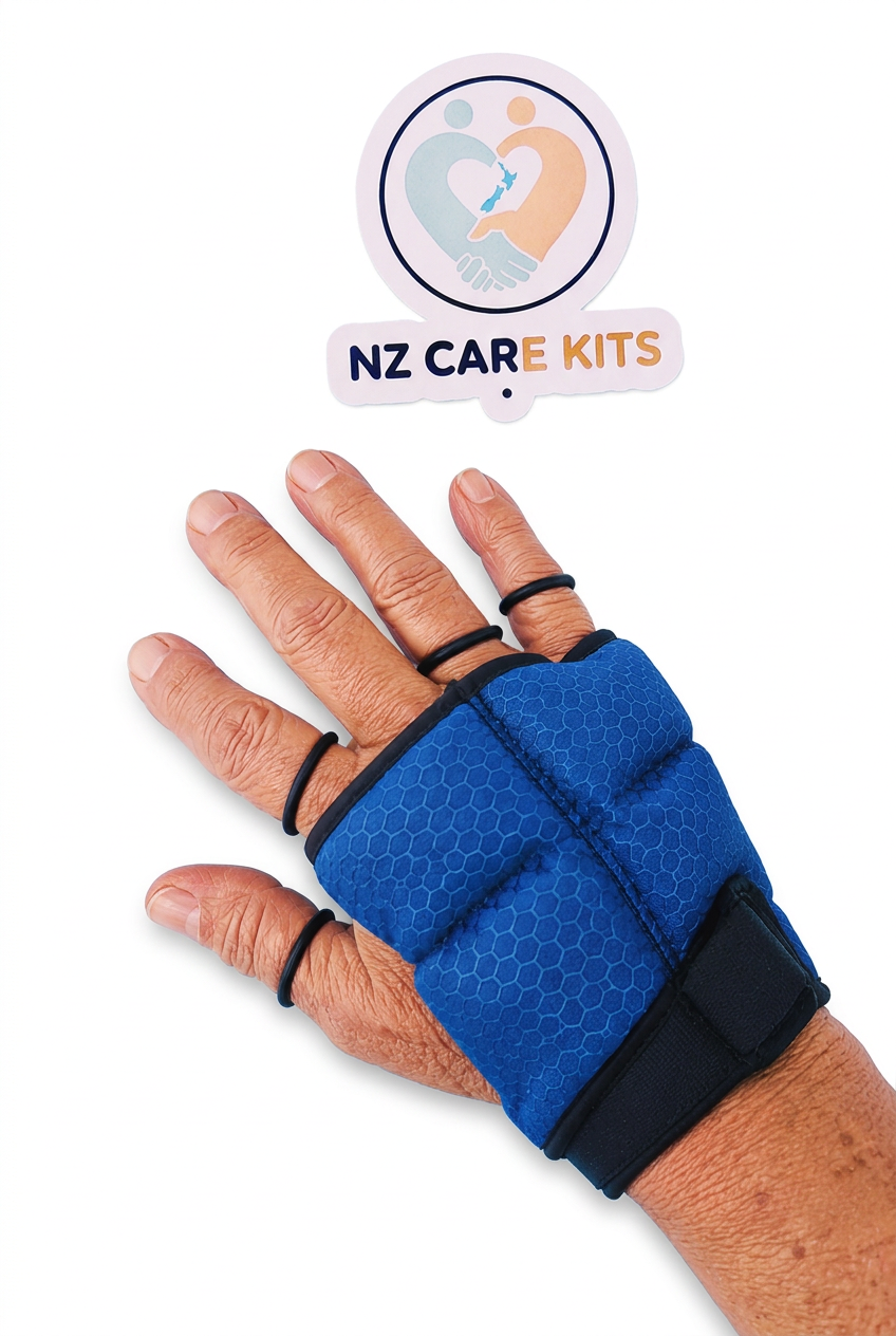 Blue weighted glove worn on a hand against a white background