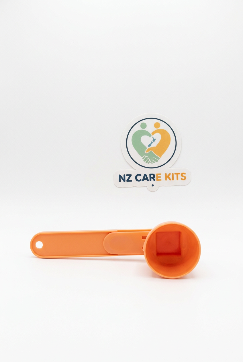 Orange No-Spill Scoop on a white background with NZ Care Kits logo