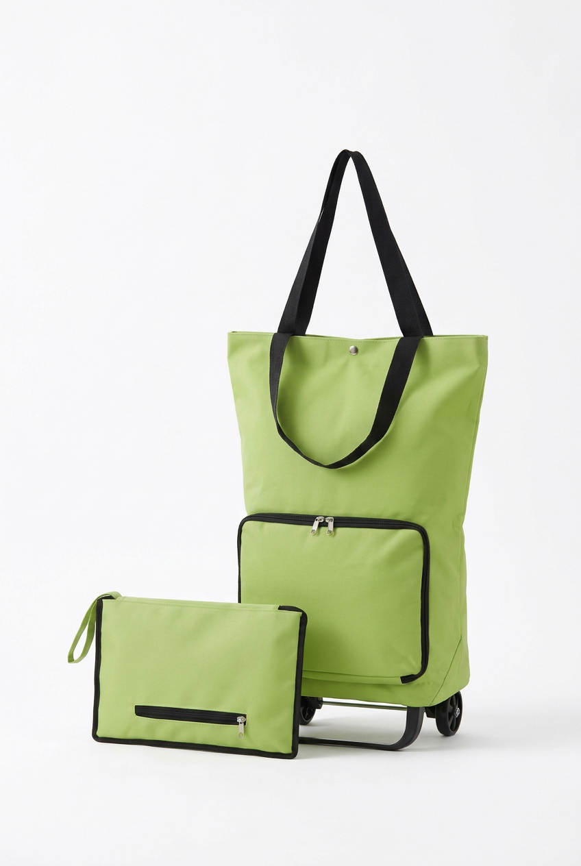 Green shopping bag trolley and matching folded bag on a white background