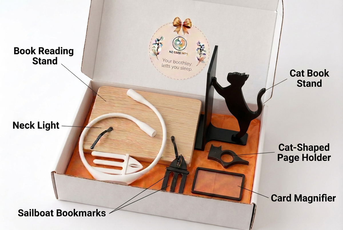 Book Reading Kit in white NZ Care Kits gift box with stocked black cat bookend, without product labels