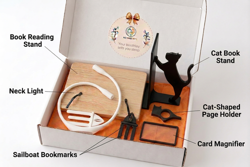 Book Reading Kit in white NZ Care Kits gift box with stocked black cat bookend, without product labels