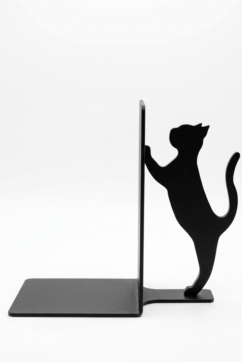 Black cat-shaped book stand on a white background