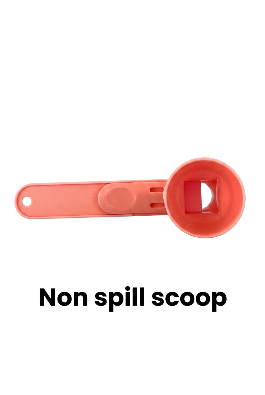 Non spill scoop on a white background with clear label