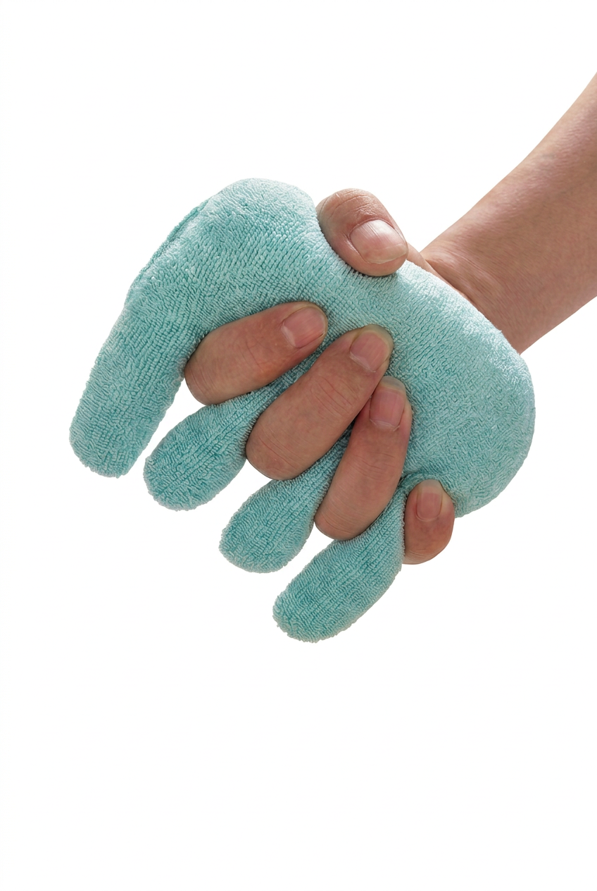 Hand holding a turquoise fabric Stress Buster on a white background