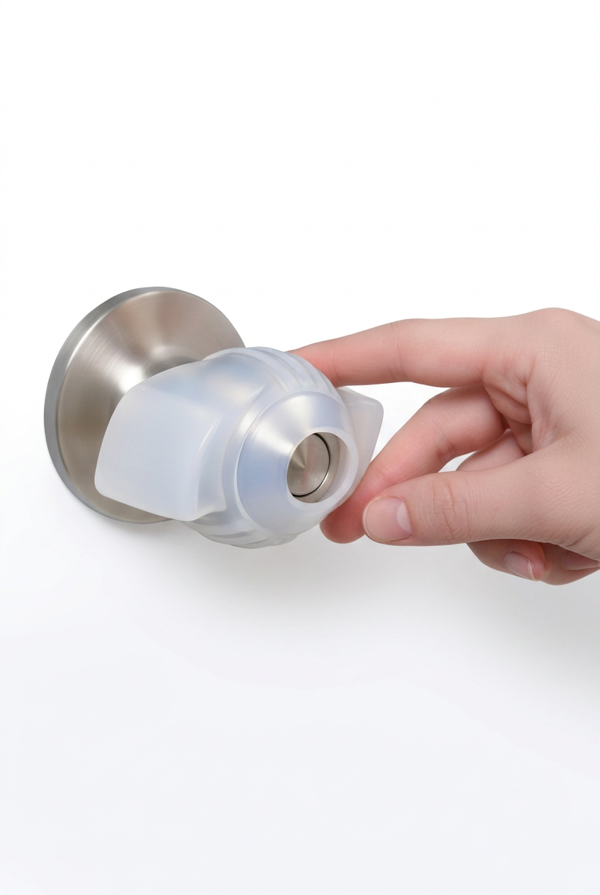 Door knob grip demonstration on white background