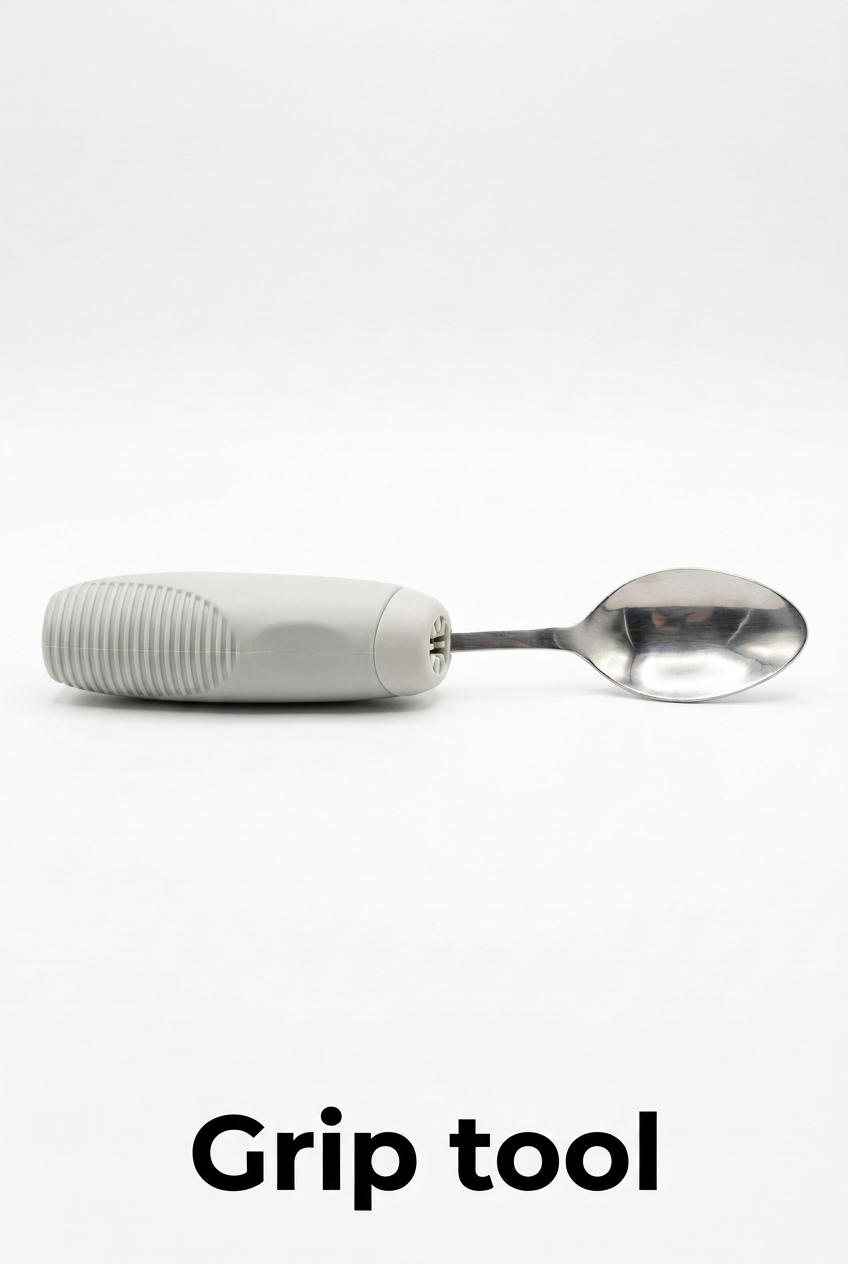 Grip tool with attached spoon on a white background and a single clear label