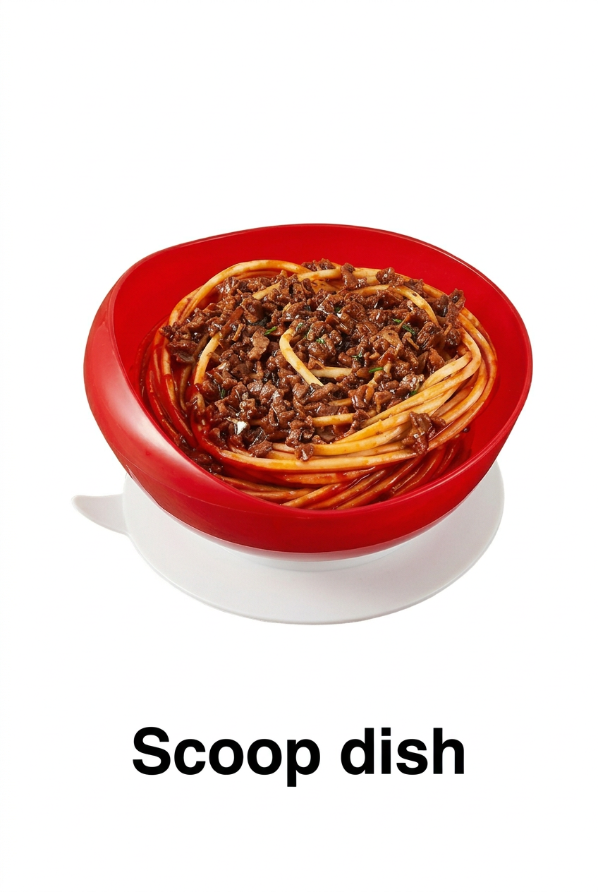 Red scoop dish with food on a white background