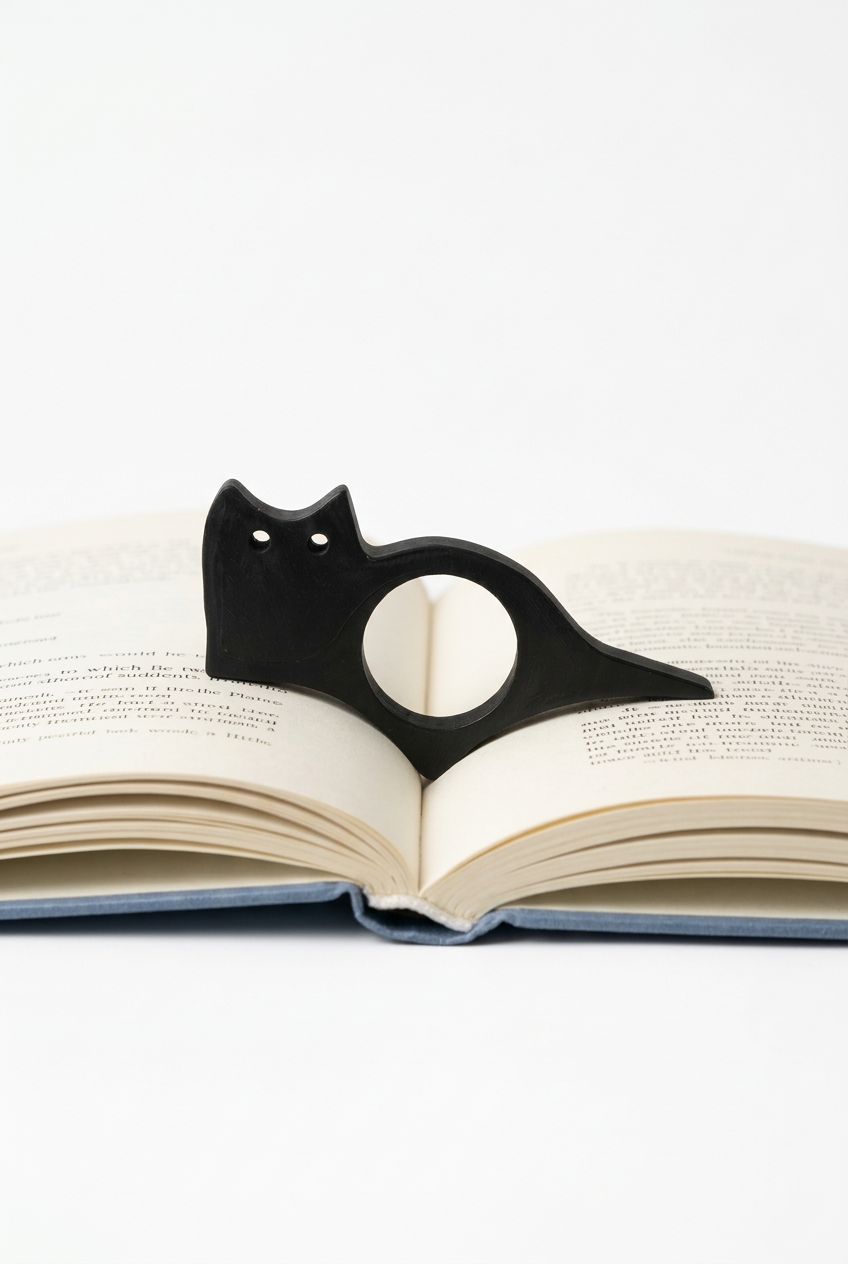 Black cat-shaped page holder on an open book against a white background