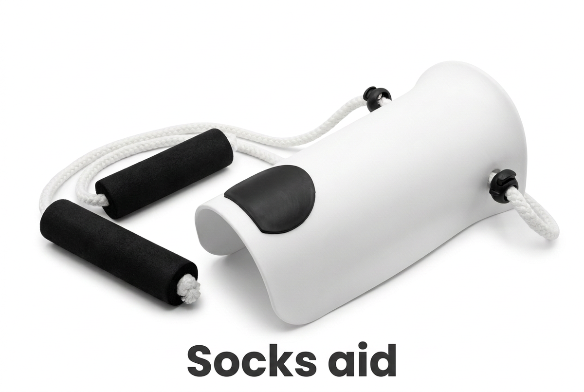 Socks aid device with pull ropes on white background with a bold Socks aid label