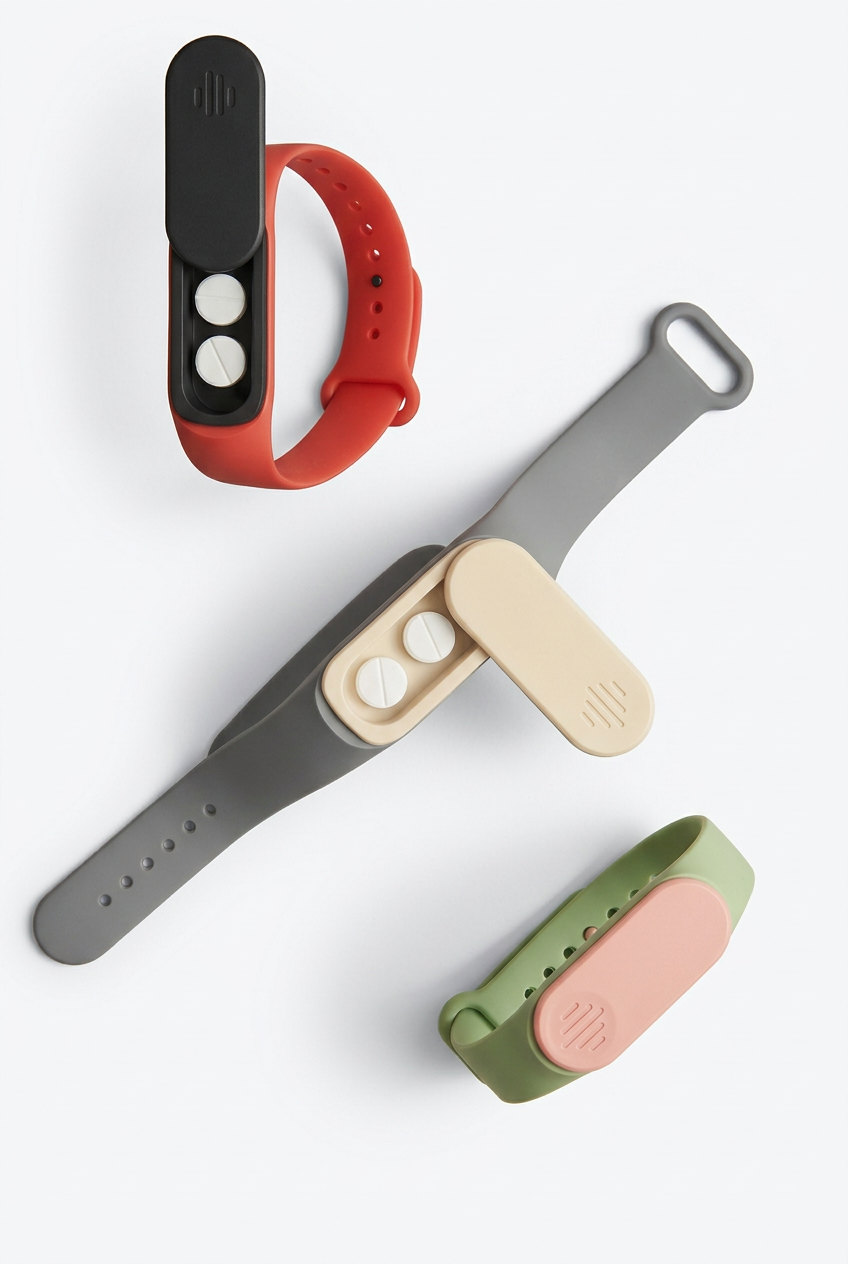 Red, grey and green emergency pill wristbands with open and closed pill compartments on a white background