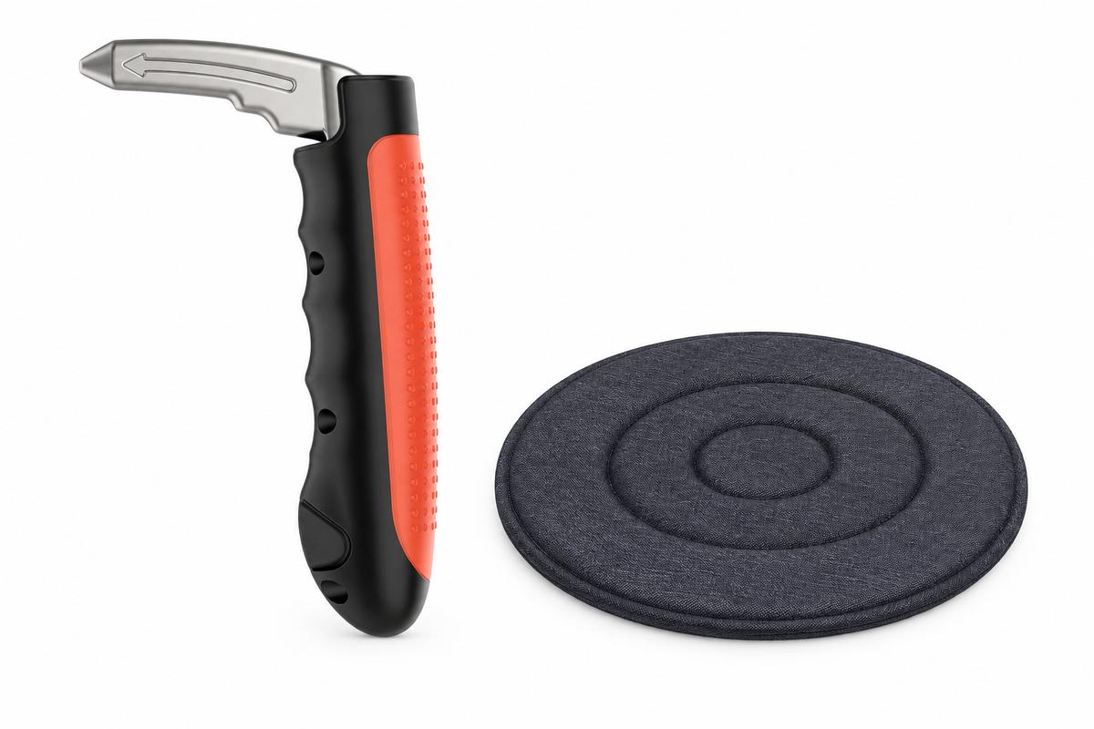 Thin swivel cushion and car exit aid with a pointed silver arm on a white background