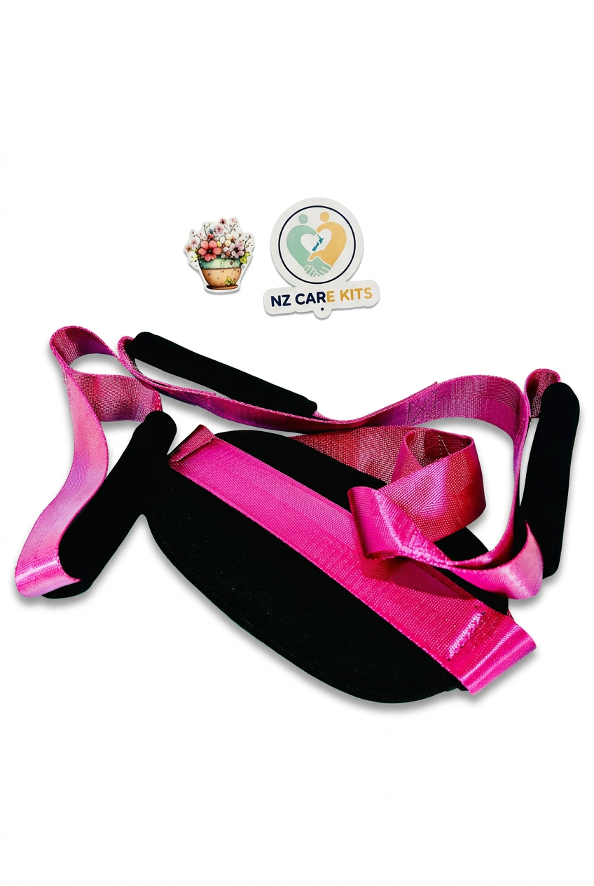 Pink leg lifter strap with black padded handles on a white background