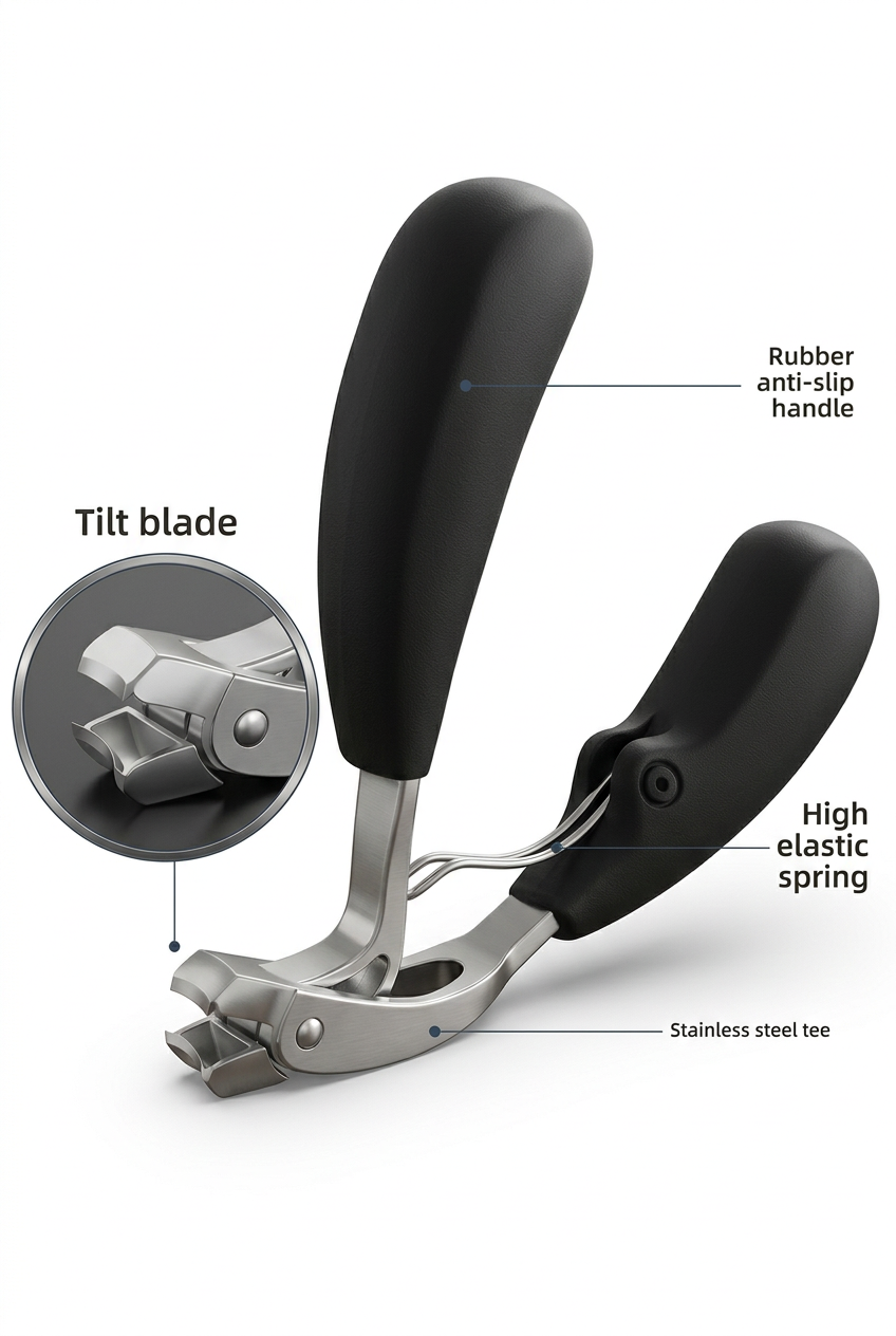 Adaptive nail clipper with black handles, blade-detail inset and feature labels on a white background