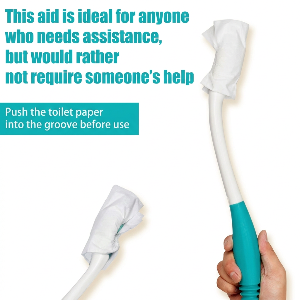 Turquoise and white toileting aid with tissue and usage instructions on a white background