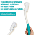 Turquoise and white toileting aid with tissue and usage instructions on a white background