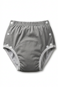 Grey reusable absorbent underwear with white edging and side snap fasteners on a white background