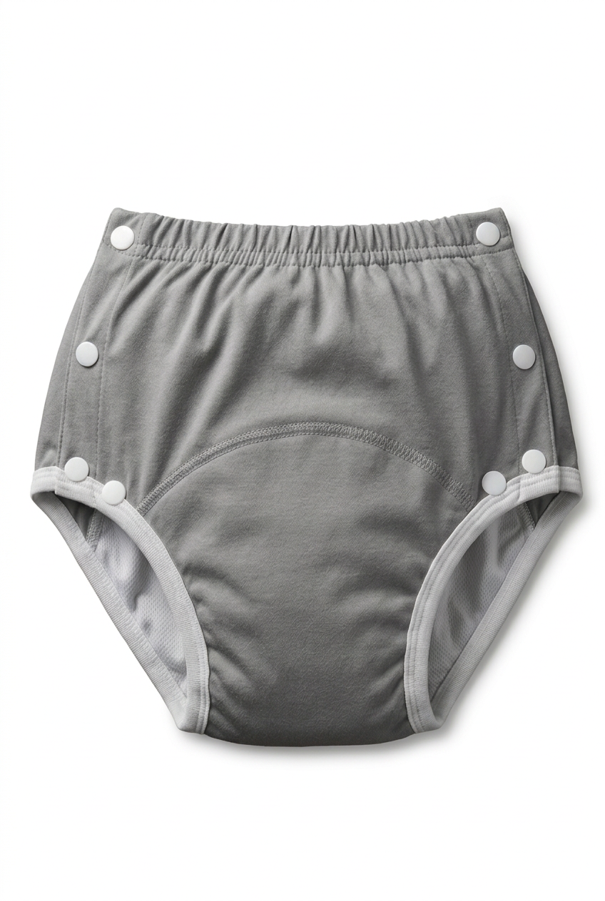 Grey reusable absorbent underwear with white edging and side snap fasteners on a white background