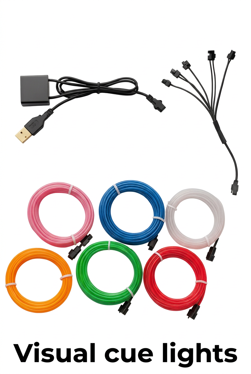 Multicoloured visual cue lights and cables on a white background