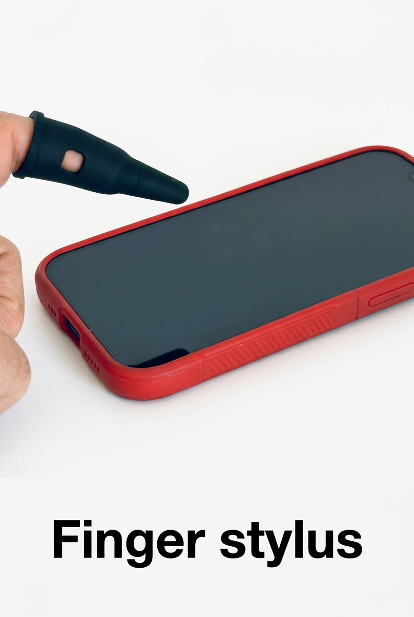 Finger stylus demonstration with phone on a white background