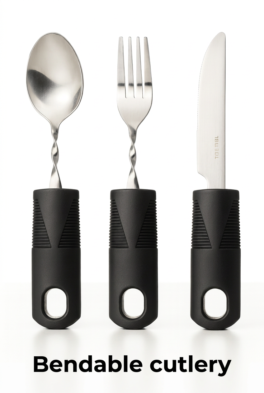 Bendable cutlery on a white background with clear label