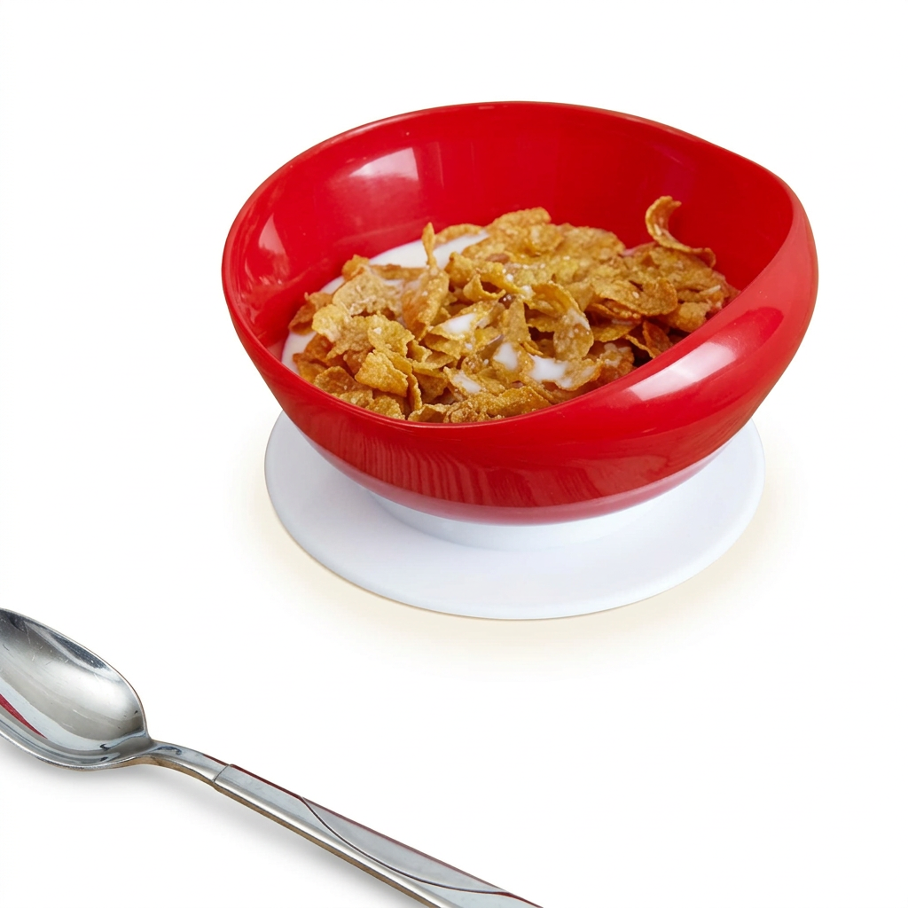 Red breakfast bowl with white suction base, cereal and milk, with a spoon on a white background