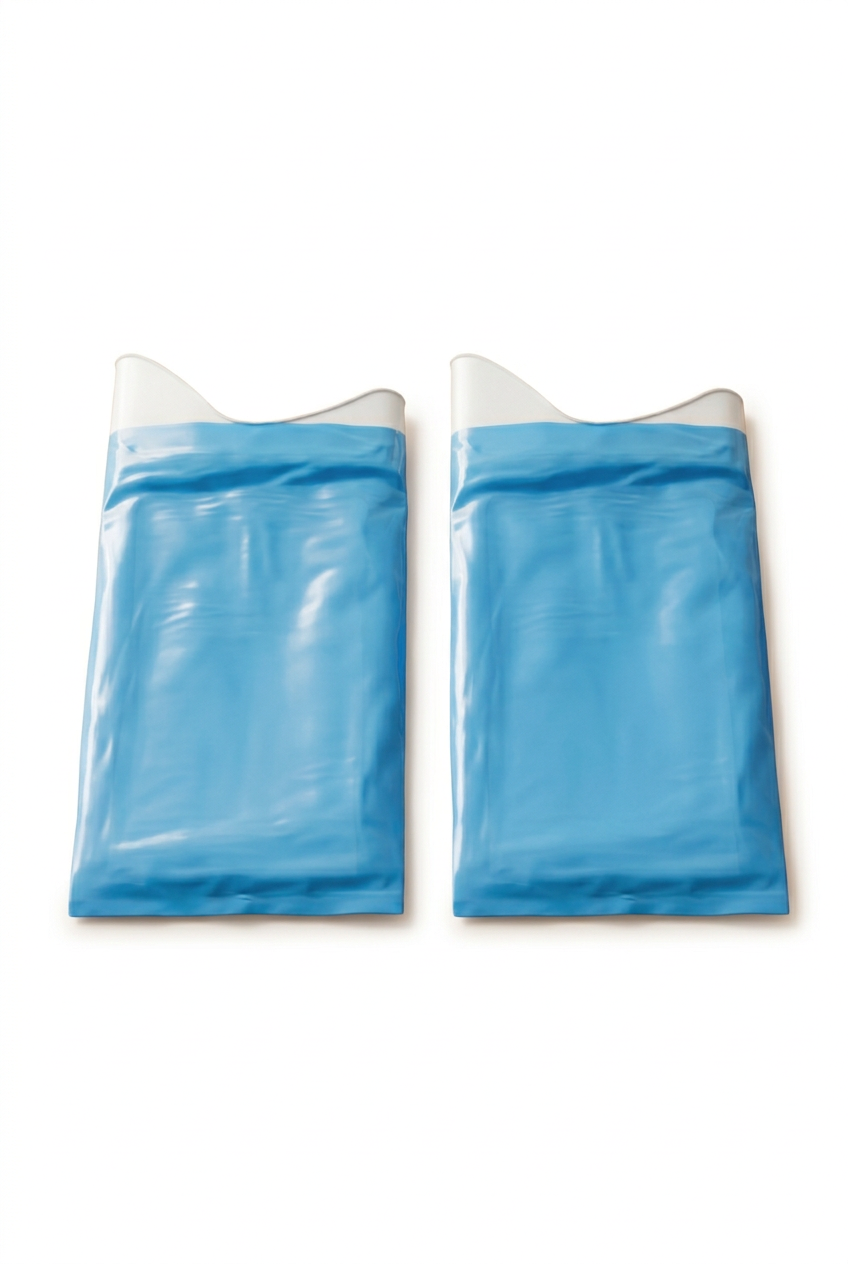Two blue disposable urine bags with white contoured openings on a white background