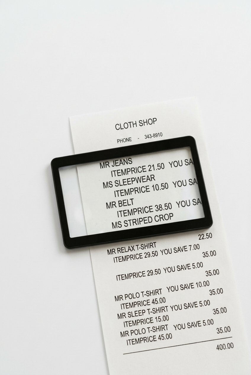 Black rectangular card magnifier over a receipt on a white background