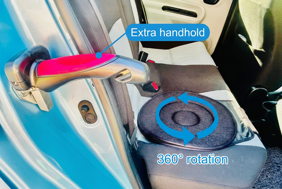 Car exit kit showing the original fitted support handle and swivel cushion rotation arrows