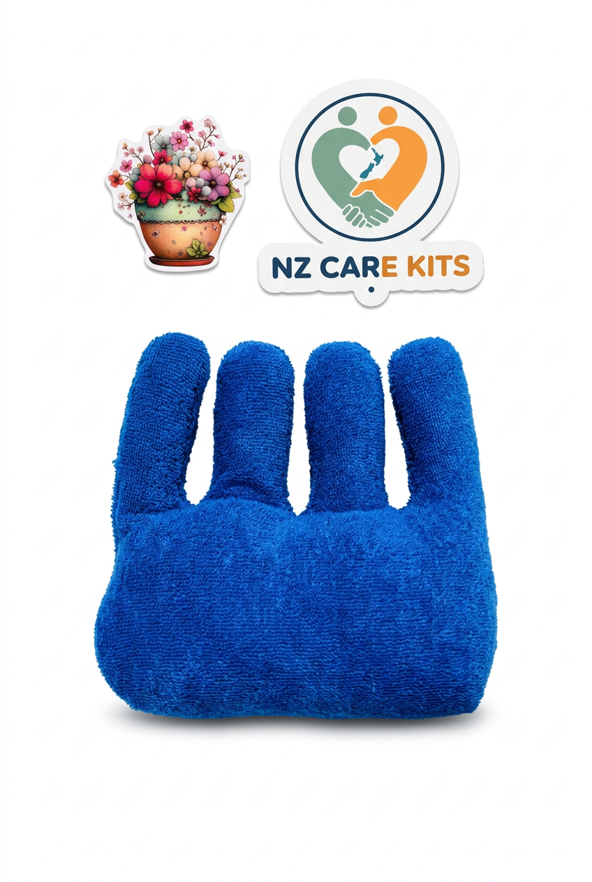 Blue fabric Stress Buster on a white background with NZ Care Kits logo
