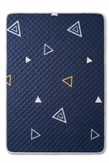 Navy quilted reusable bed pad with white and yellow triangle pattern on a white background