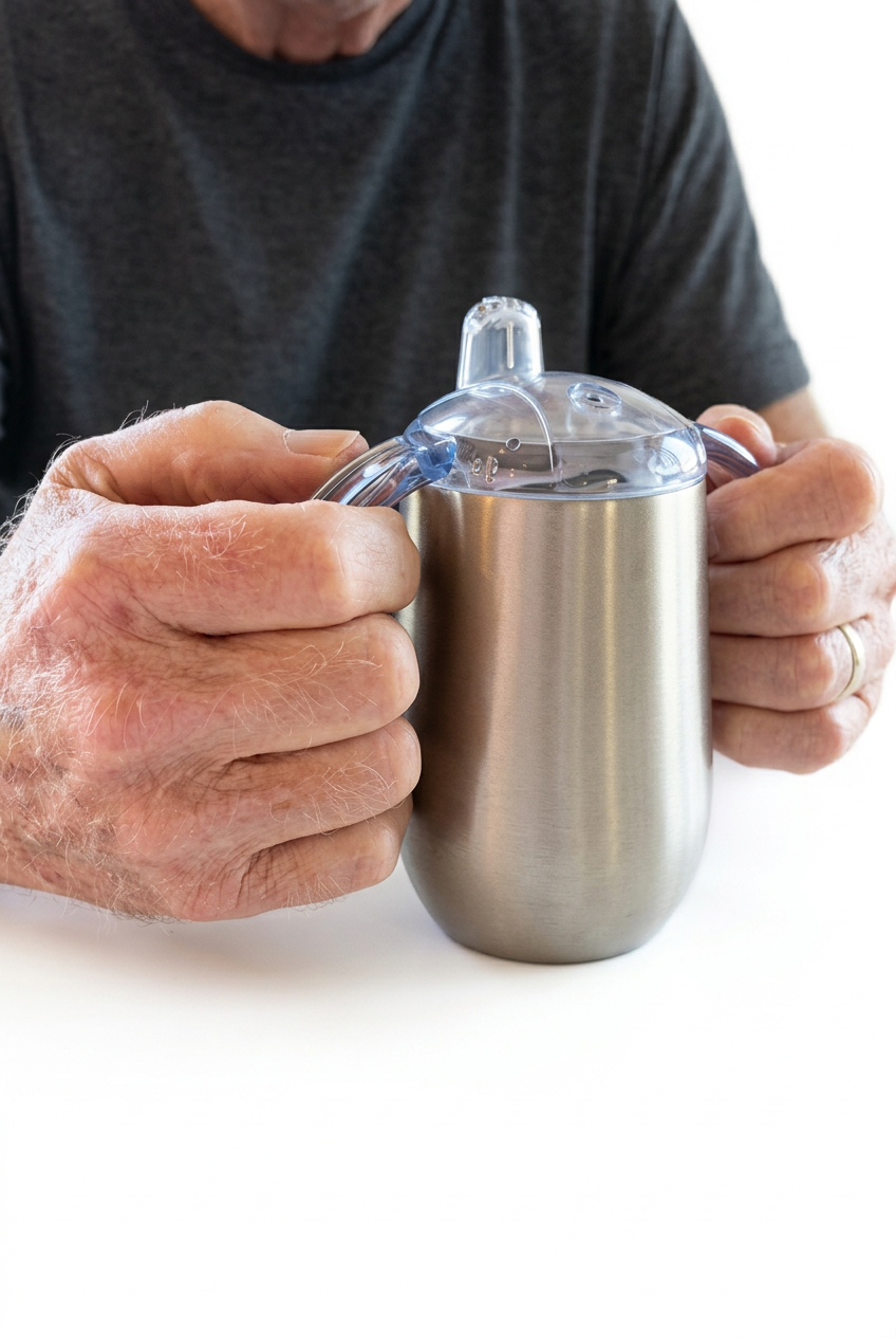 Person holding a stainless steel two-handle drinking cup on a white background
