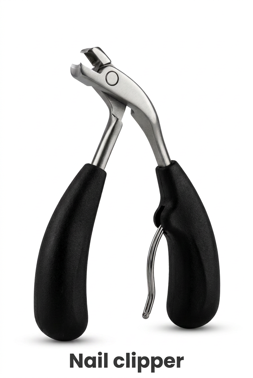 Nail clipper with easy grip handles on white background with a bold Nail clipper label