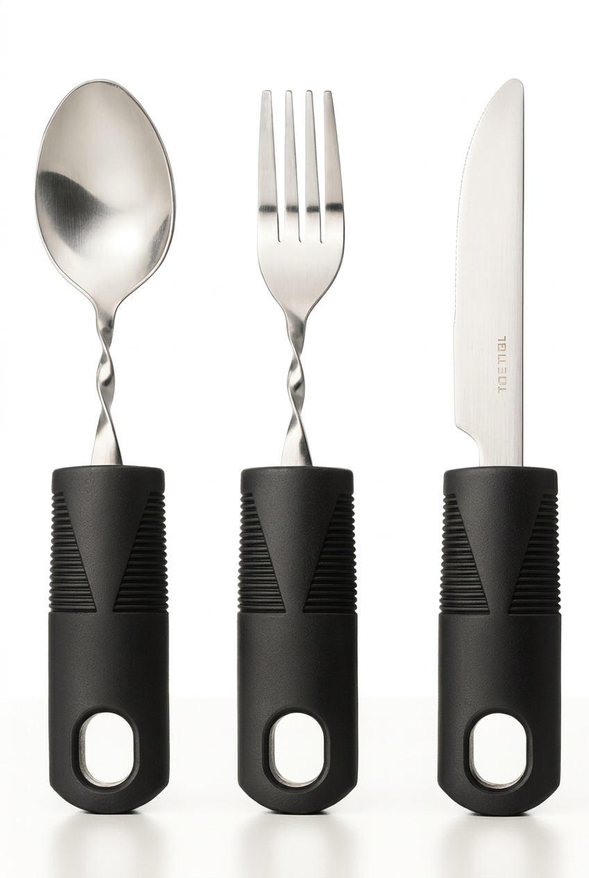 Easy-grip cutlery on white background
