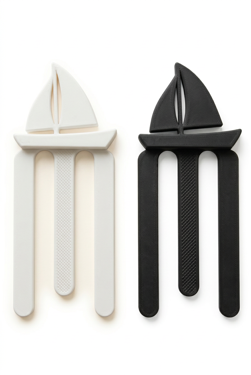 White and black sailboat-shaped bookmarks on a white background