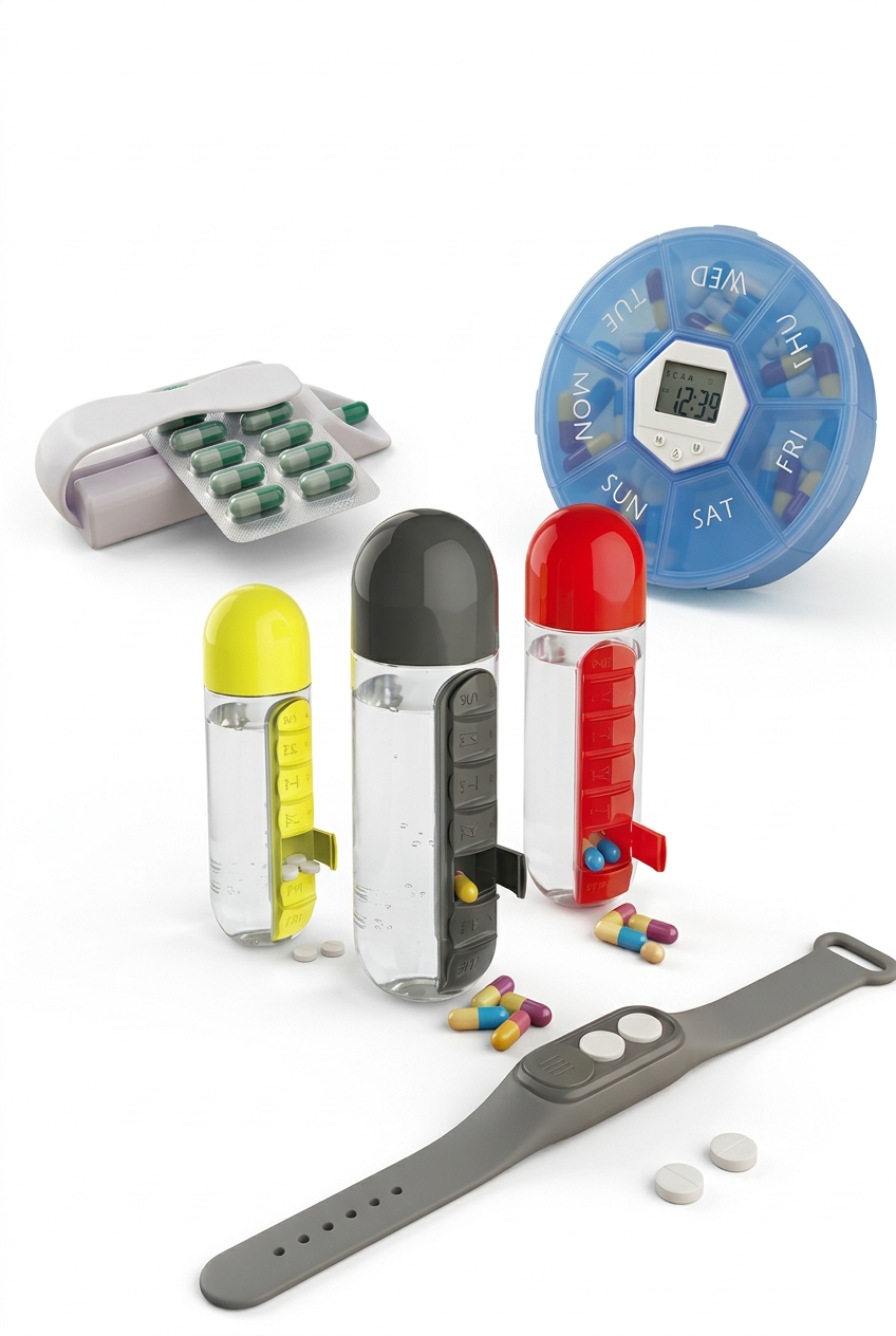 Pill Reminder Kit with pill popper, reminder clock pill box, three pill-case bottles and pill wristband on a white background