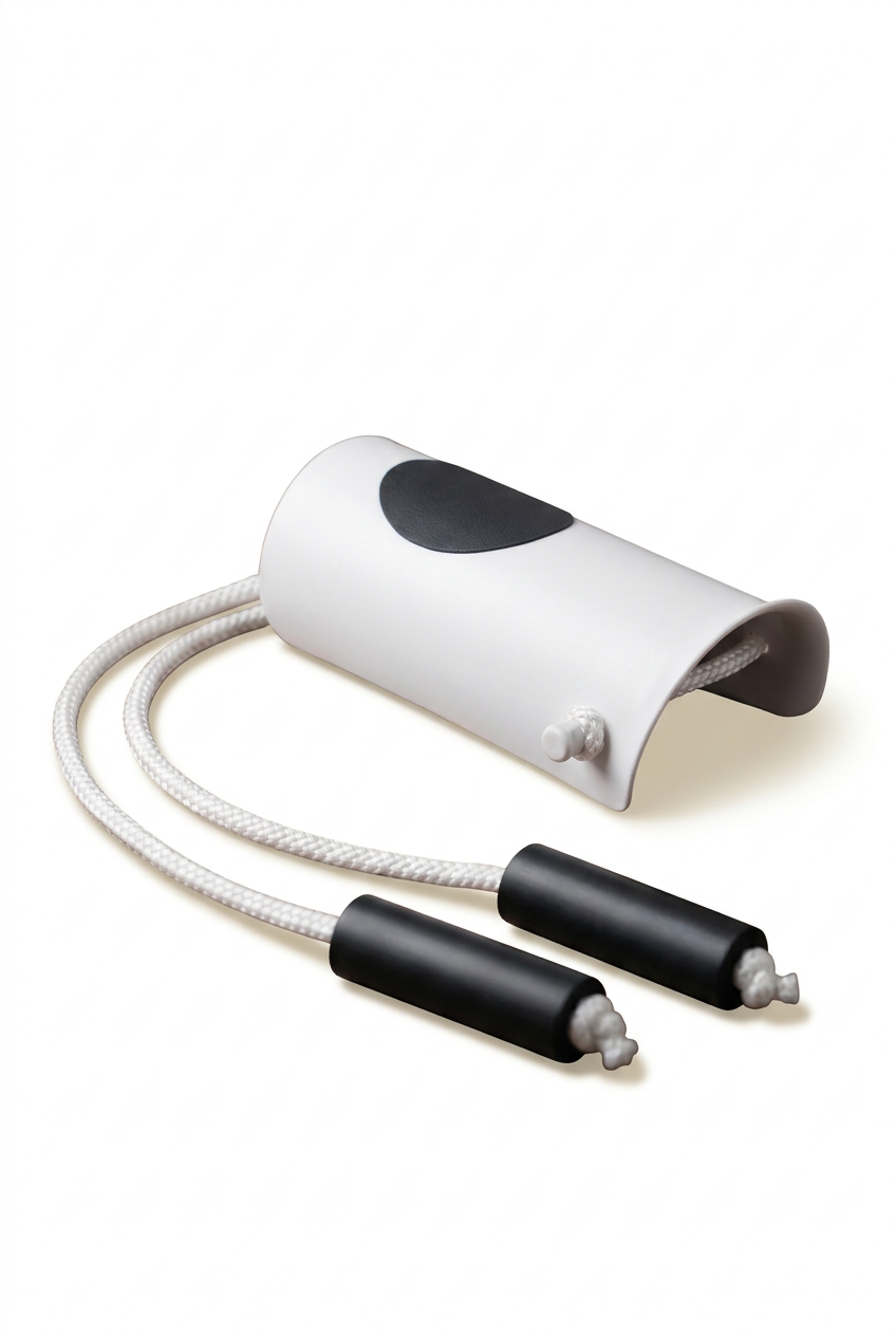 White sock wearing aid with white cords and black foam handles on a white background