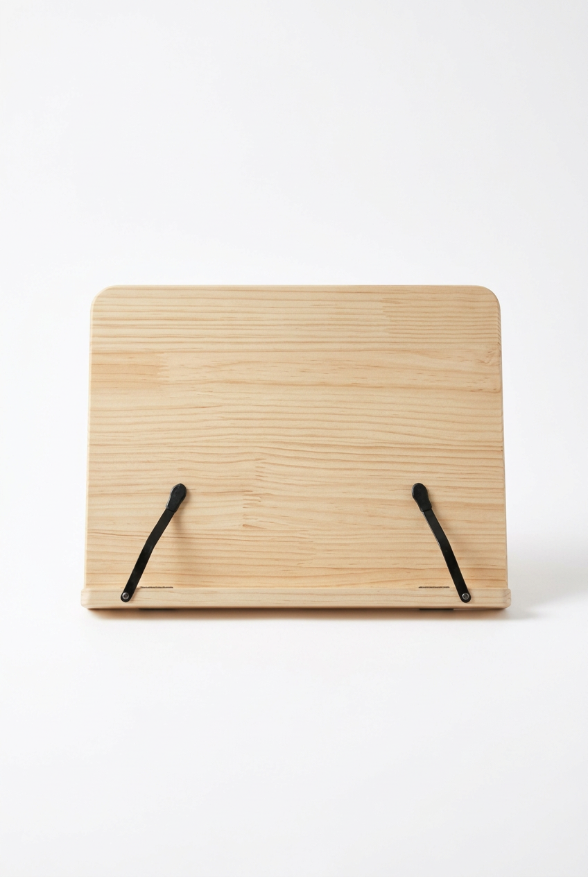 Natural wooden book reading stand with two black page-holding arms on a white background