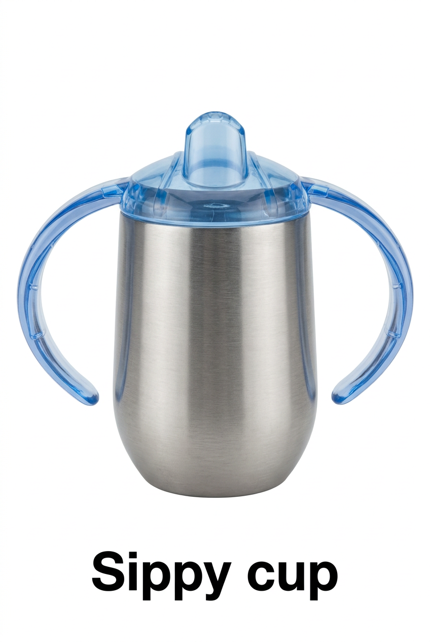 Two-handle sippy cup on a white background with clear label