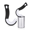Black and white pull-ring can opener shown separately and positioned on a silver can on a white background