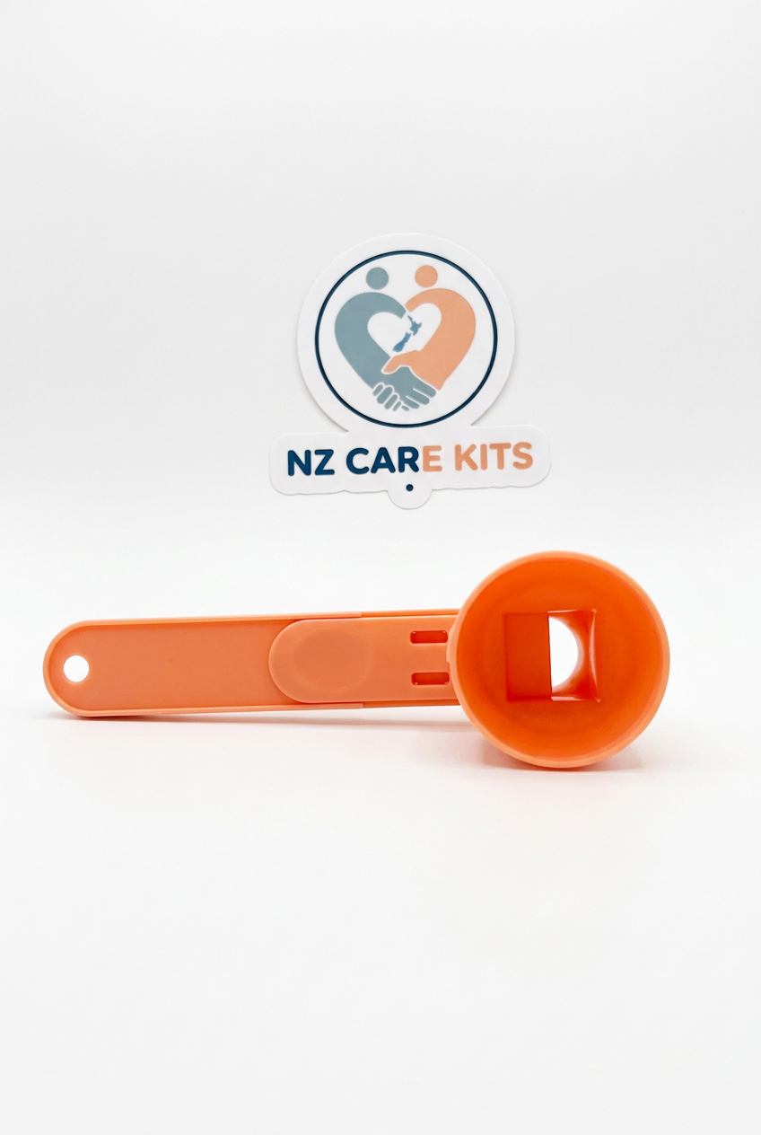 Orange No-Spill Scoop with open outlet and sliding handle on a white background