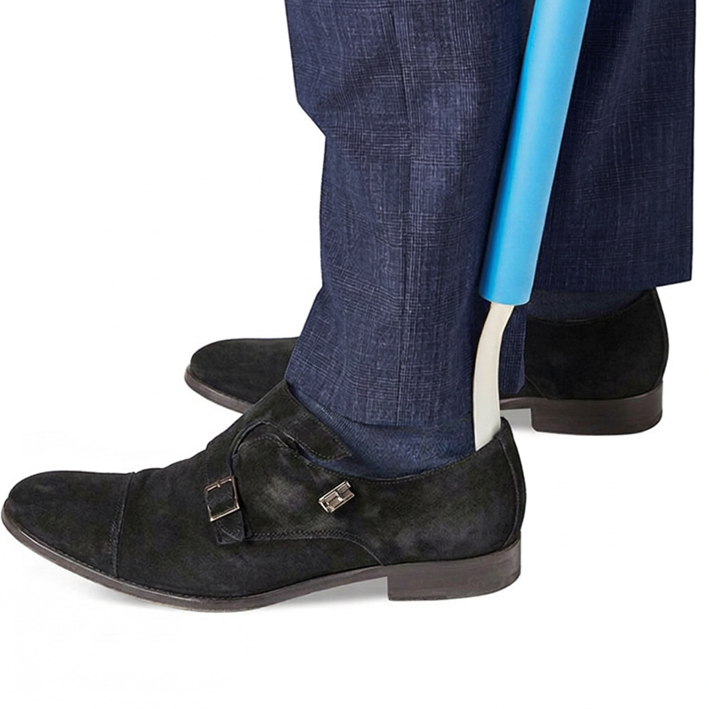 Dressing stick used to put on a black shoe, with navy trousers against a white background