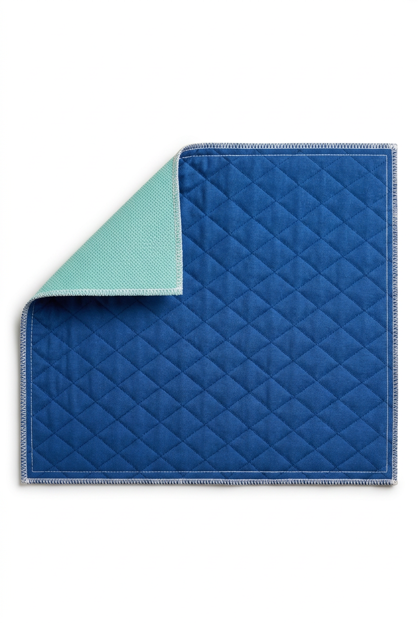 Blue quilted reusable chair pad with folded corner showing mint-green backing on a white background
