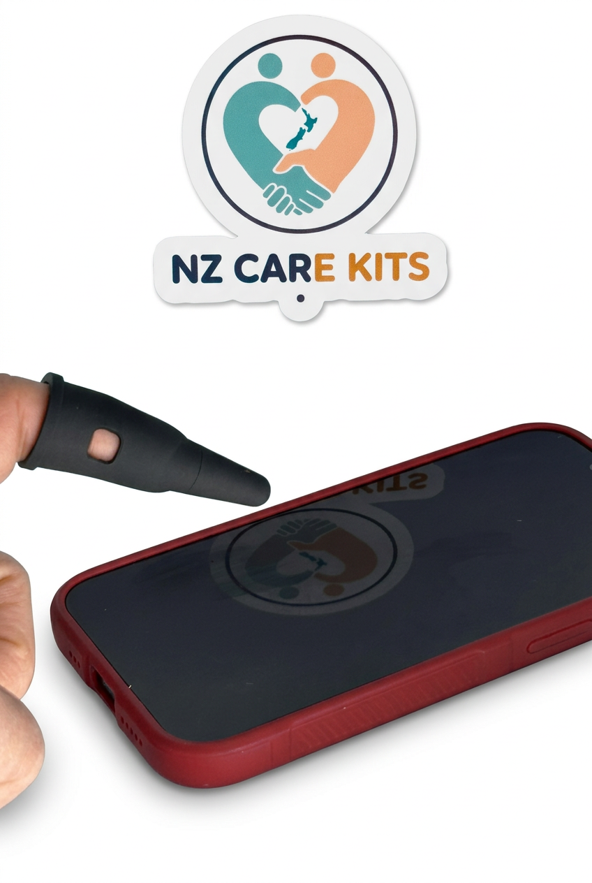 Black finger stylus sleeve in use beside a phone in a red case on a white background
