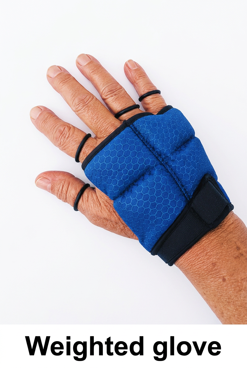 Blue weighted glove worn on a hand on a white background