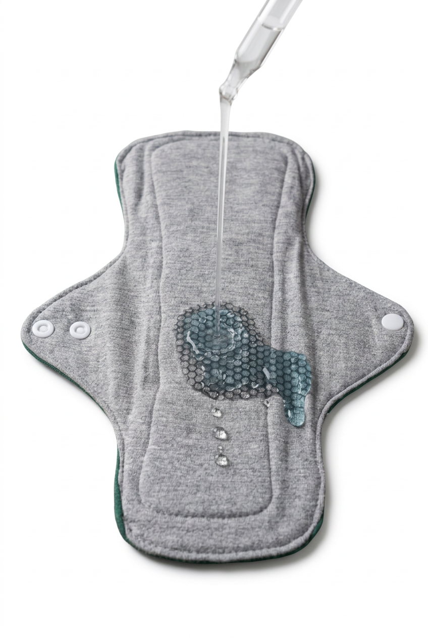Grey reusable underwear pad with snap fasteners and a liquid demonstration on a white background