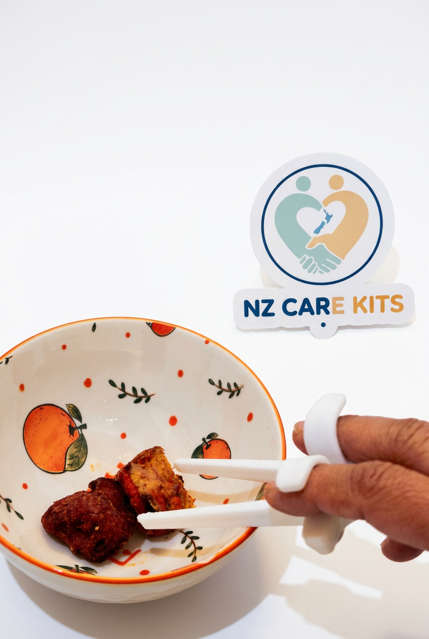 White food picker being used beside a bowl on a white background
