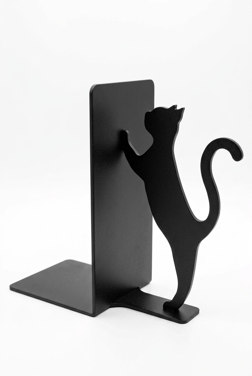 Stocked black metal cat bookend with rectangular base on white background