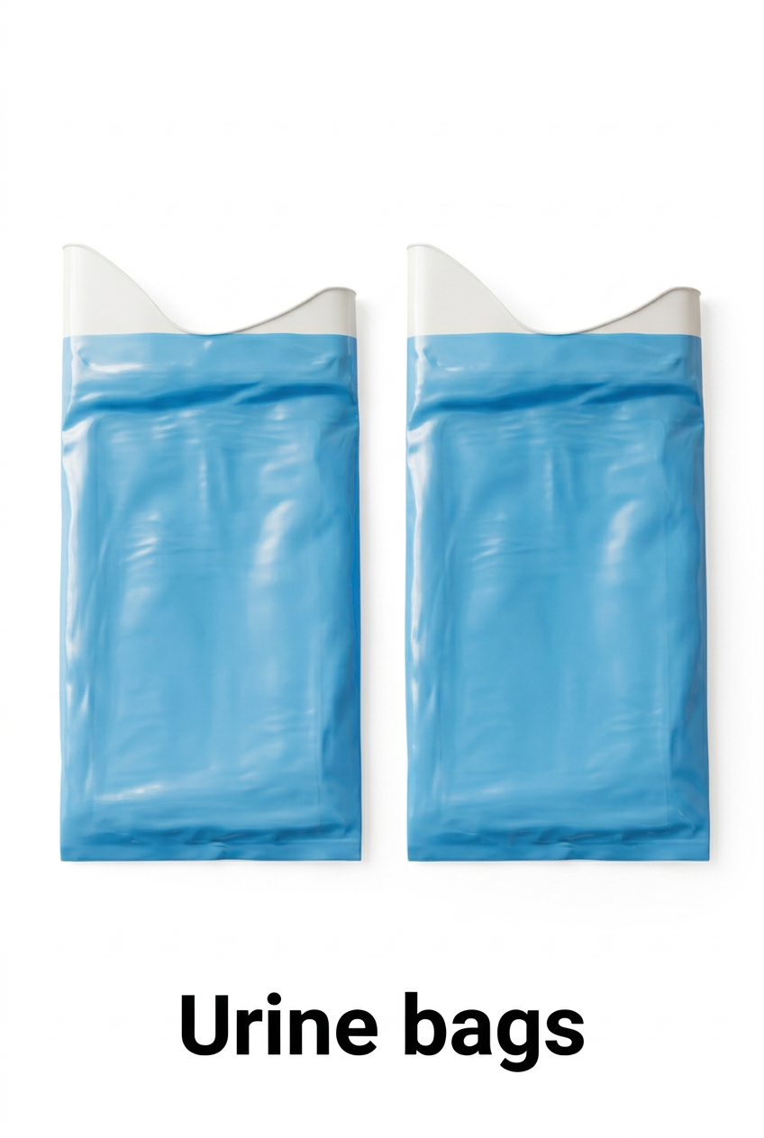 Two urine bags on a white background with large clear label